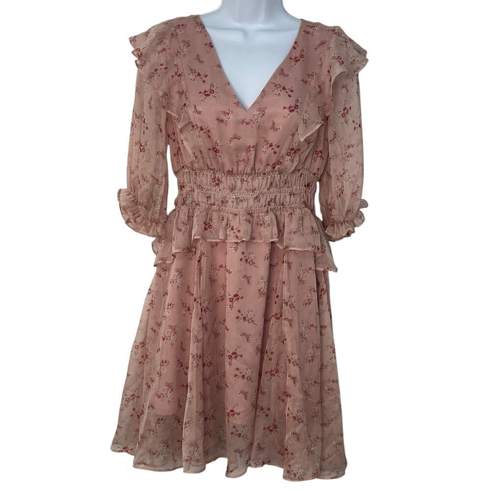 CY‎ Fashion Blush Pink Floral Ruffle Boho Dress Chiffon Back Cutout Flowy Boho M